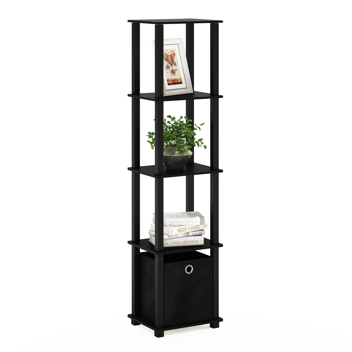 FURINNO Decorative Shelf With Bin, Black