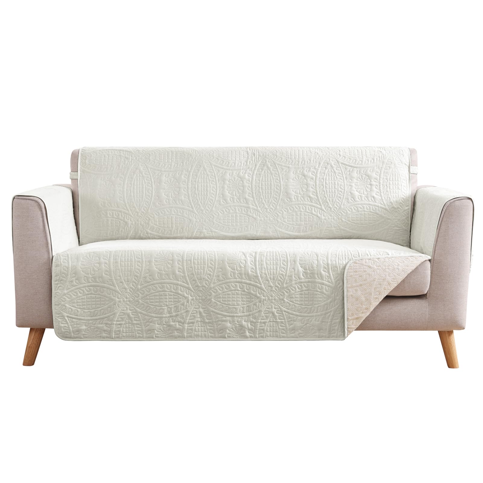 Pamhaven Stay in Place Ivory White Quilted Loveseat Couch Cover for 2 Cushion Couch, Water Repellent Love Seat Quilted Sofa Cove