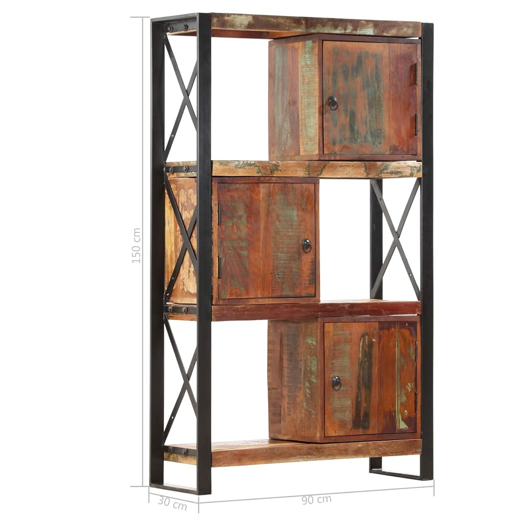 vidaXL Bookshelf with 3 Doors and Open Compartments, Solid Reclaimed Tropical Wood and Steel, Industrial Design, Easy Assembly, Multicolor