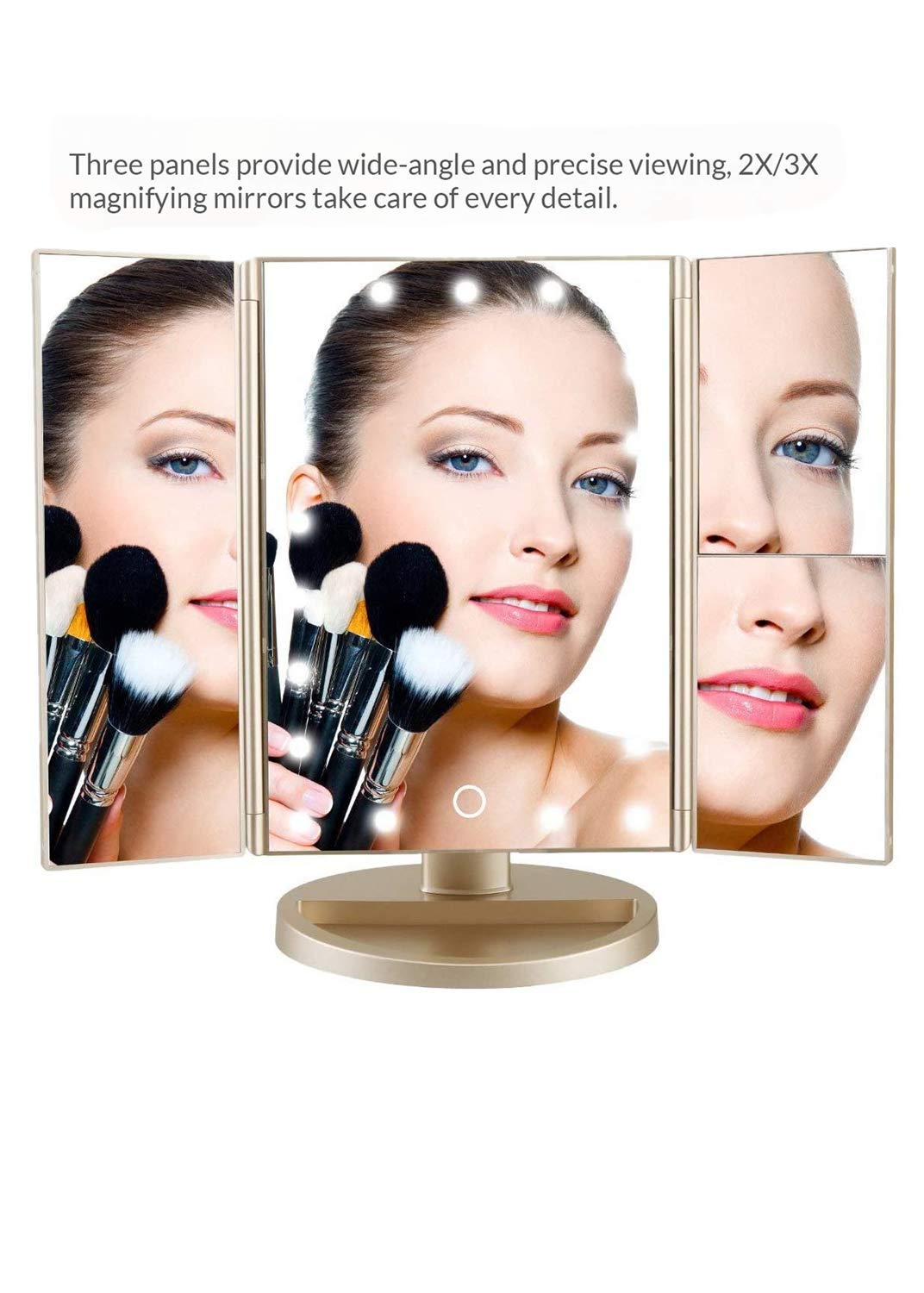 Infitrans 3 Folds Lighted Vanity Makeup Mirror,1X/2X/3X Magnification, 21 Led Light Bright Table Mirror With Touch Screen,180 Ad