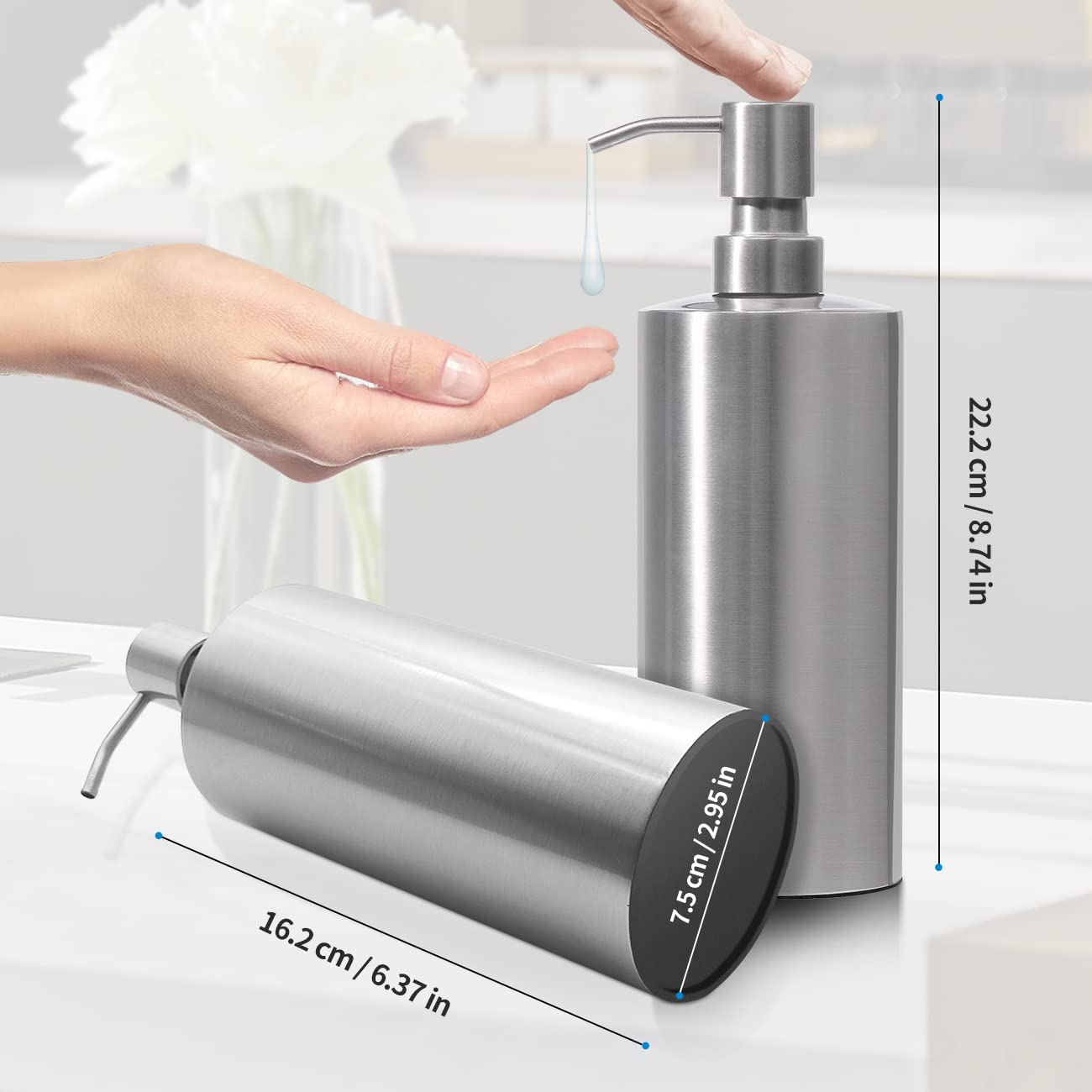 Arktek Large Stainless Steel Countertop Soap Dispenser - Rust And Leak Proof Liquid Hand Soap Pump Bottle For Kitchen, Bathroom