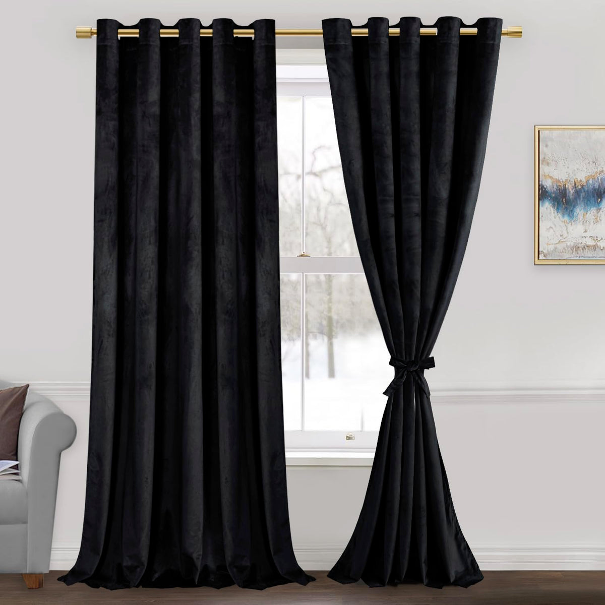 JIUZHEN Black Velvet Curtains for Living Room - 84 Inches Long Thermal Insualted Room Darkening Window Blackout Drapes for Bedro