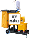 Simpli-Magic Commercial Cleaning Cart with Waste Bag & Lid, Janitorial Utility Cart with 3 Shelves, Mop & Broom Holders, 330 lb 