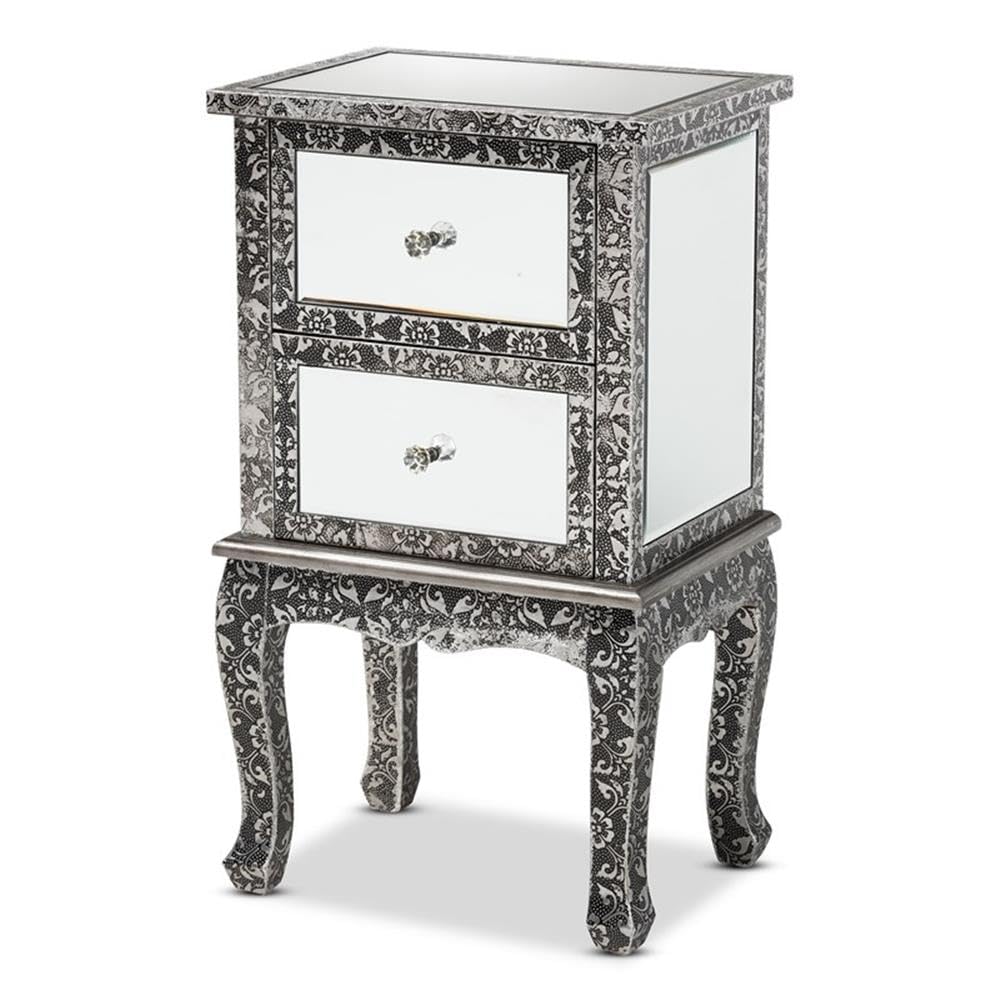 Baxton Studio Wycliff Industrial Glam and Luxe Silver Finished Metal and Mirrored Glass 2-Drawer Nightstand