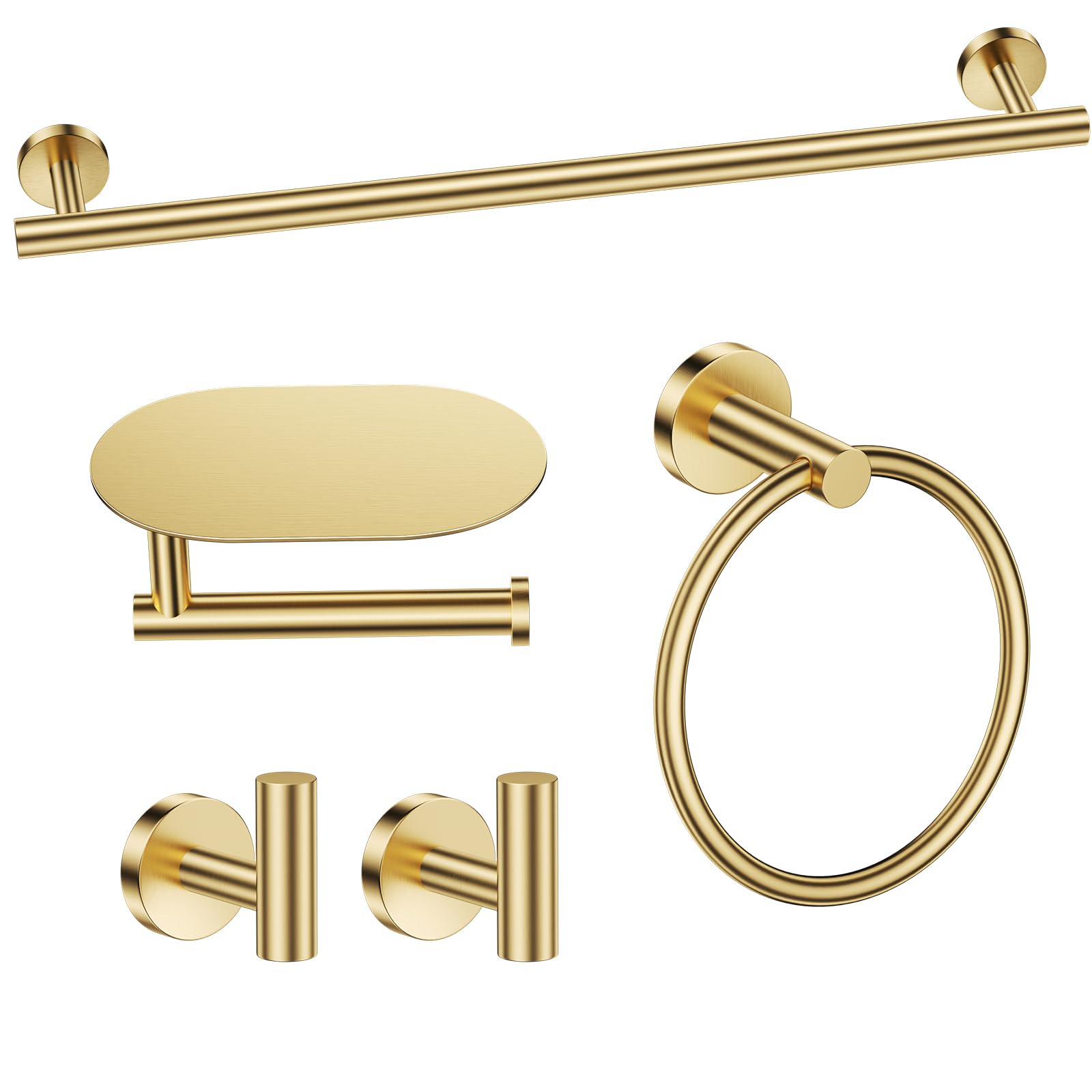 TURS Brushed Gold 5 Piece Bathroom Hardware Set, SUS304 Stainless Steel Bath Towel Bar Set, Bathroom Towel Rack Set Wall Mounted