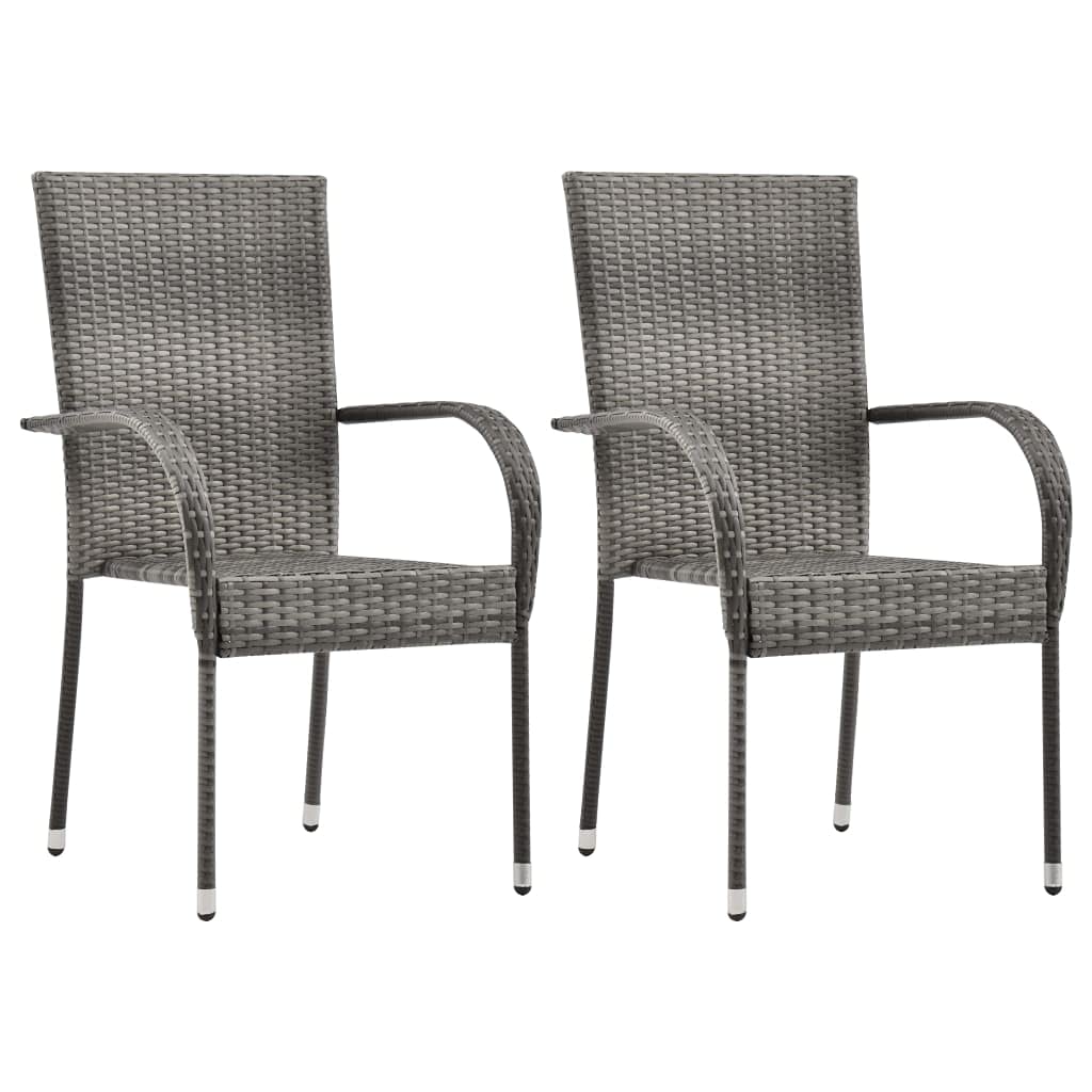 vidaXL Stackable Patio Dining Chairs - Set of 2, Gray Poly Rattan, Outdoor, Garden, Terrace Seating, Steel Frame, Easy Assembly