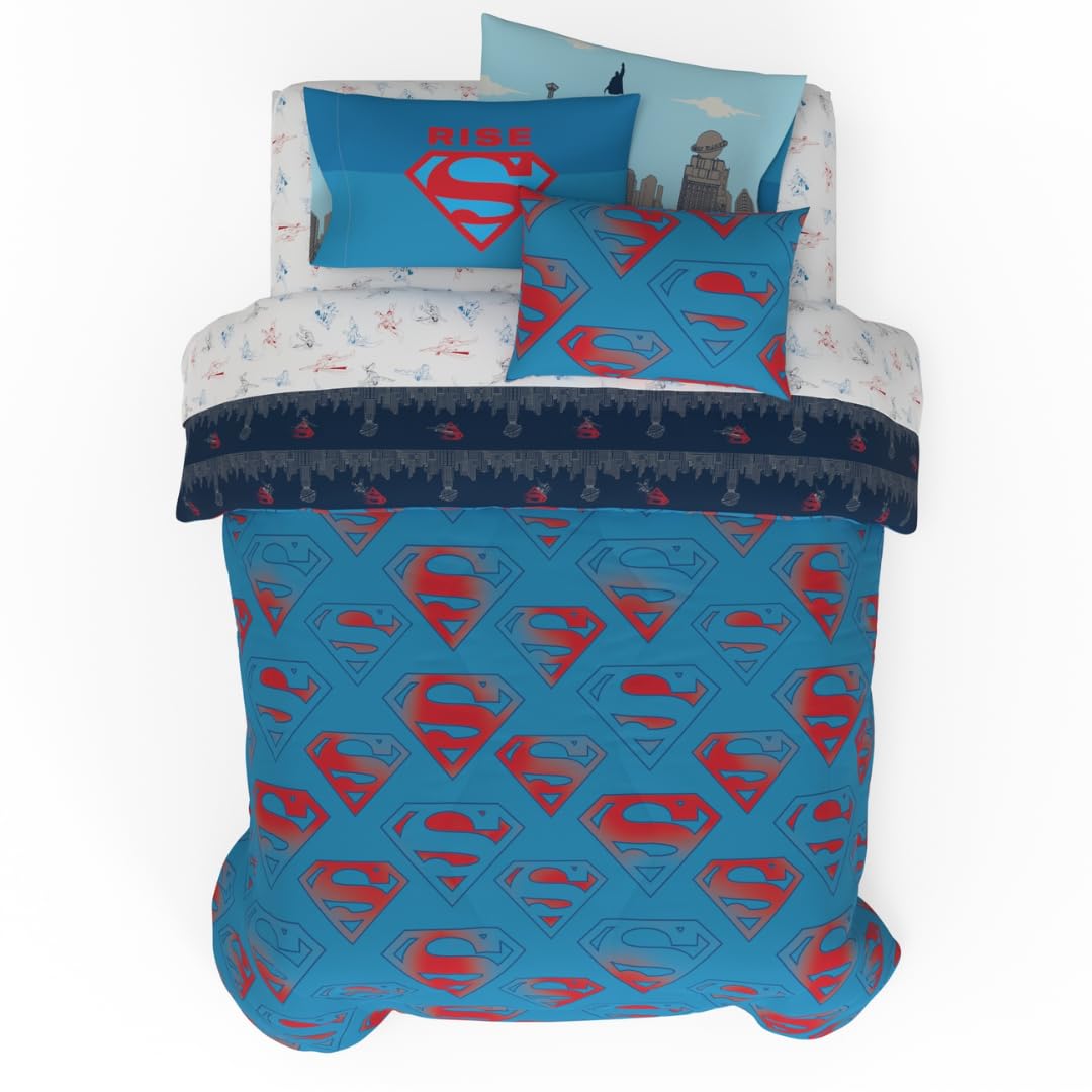 Franco Superman Dc Comics Kids Bedding Super Soft & Cozy Reverisble Microfiber Comforter And Sheet Set With Sham, 7 Piece Full S