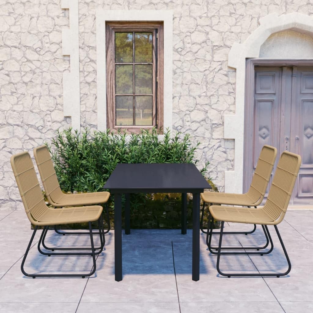 vidaXL 5-Piece Patio Dining Set - Outdoor Poly Rattan and Glass Table Combination - Lightweight, Durable and Weather-Resistant Furniture - Easy Assembly - Oak and Black Finish