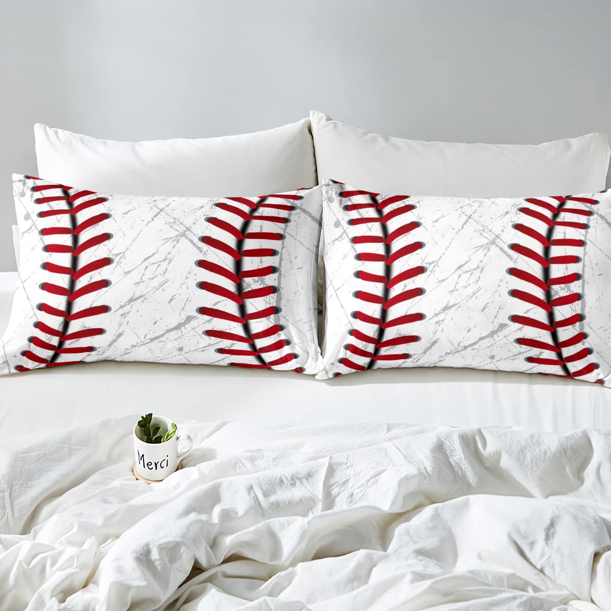 Erosebridal Baseball Bed Sheets For Boys,Red White Baseball Sheet Set For Kids,Grunge Ball Print Bedding Set,Sports Game Fitted