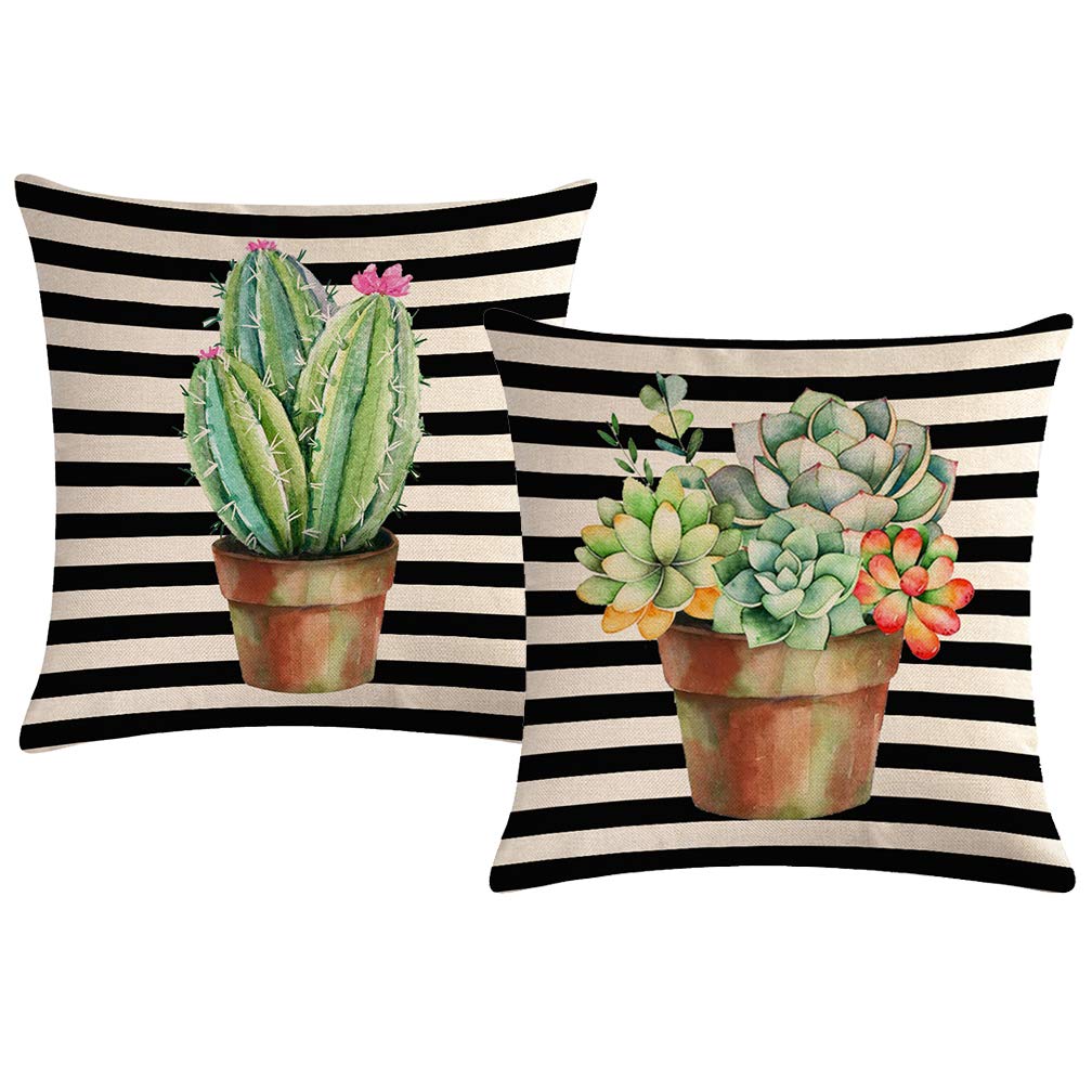Ulove Love Yourself Tropical Plants Throw Pillow Covers Succulent/Cactus With Black Striped Farmhouse Home Decorative Square Cus