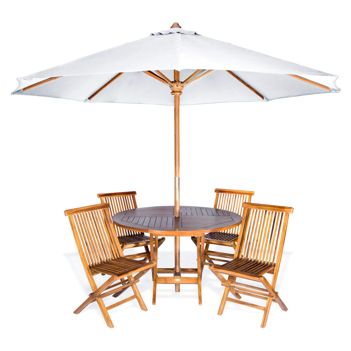 All Things Cedar TT6P-R-W Teak Round Patio Table & Folding Chair Set with White Teak Market Table Umbrella, 6-Piece