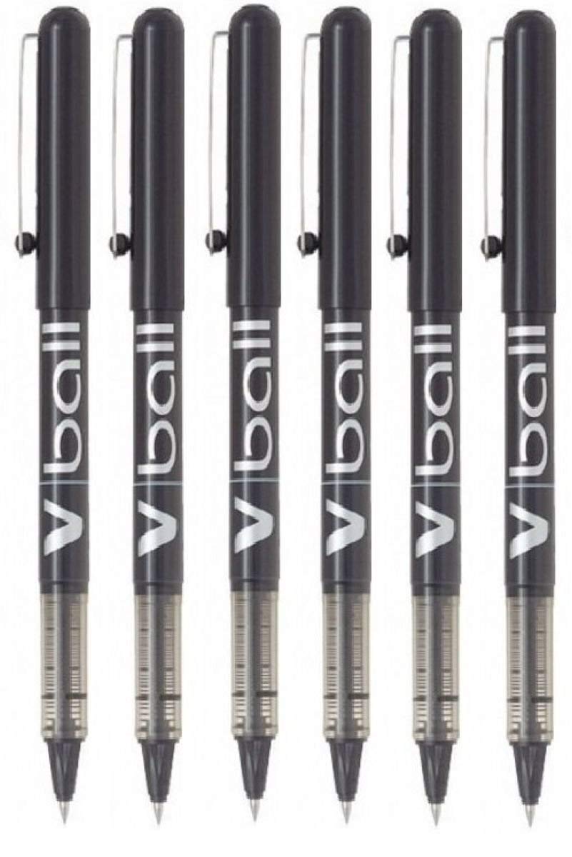 Pilot V-Ball 7 Vb7 Black Fine Rollerball Pen Pens Metal Tip 0.7Mm Nib 0.4Mm Line Liquid Ink (Pack Of 6)