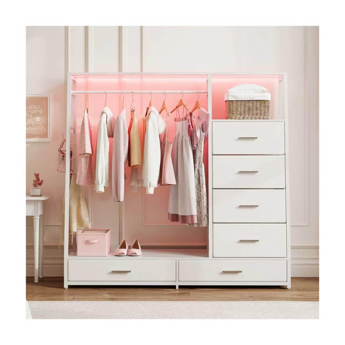 HOMELA White Dresser with Hanging Rack for Bedroom, 6 Large Fabric Drawers with LED Lights, Clothing Storage Organizer for Small