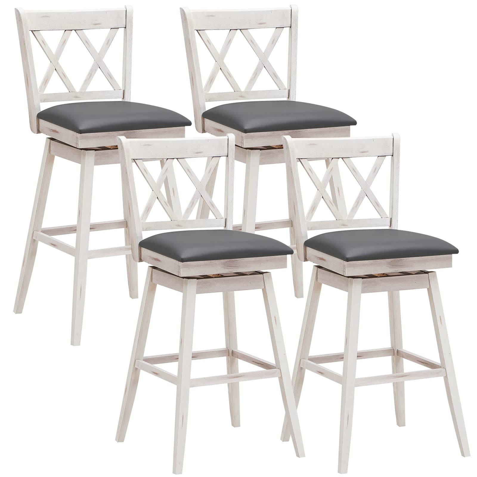 Costway Bar Stool Set Of 4, 360 ° Swivel Bar Height 29.5 Inch Bar Stool With Foot Rest Upholstered Cushion & Ergonomic Backrest, Sturdy Frame, For Pub, Restaurant, Home (4, Antique White + Grey)