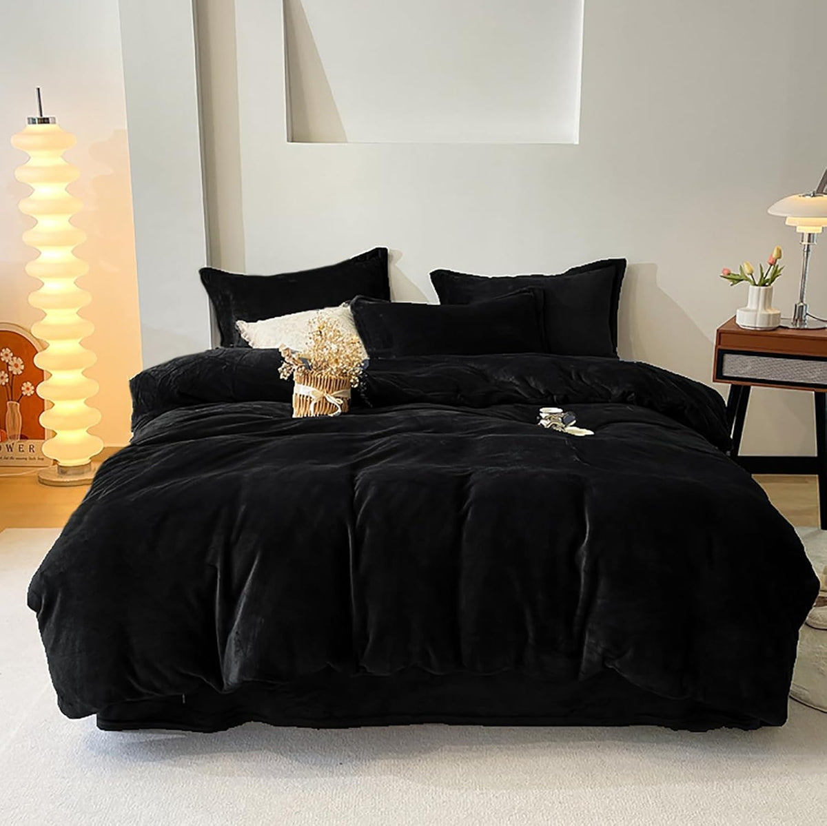 Cottonight Black Velvet Comforter Set King Black Flannel Bedding Comforter Set Dark Color All Black Plush Fluffy Blanket Quilts