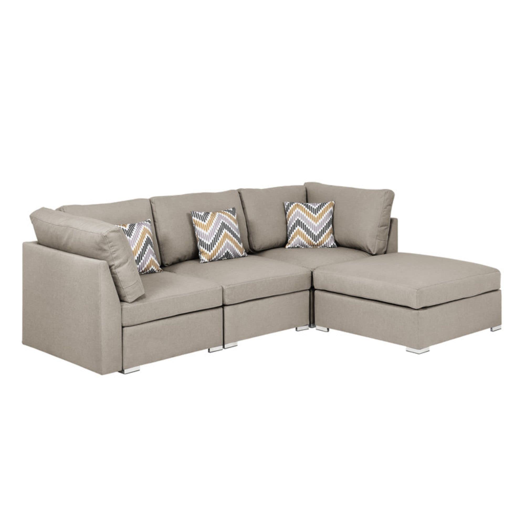 Lilola Home Amira Beige Fabric Sofa with Ottoman and Pillows