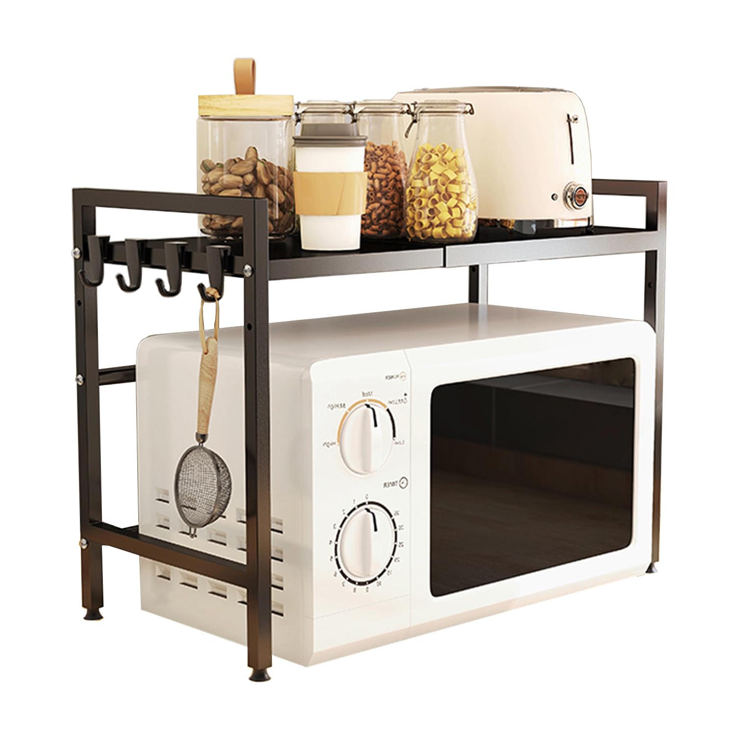 Loyalkbs Extendable Microwave Oven Rack 2 Tier Adjustable Shelf Bakers Rack For Kitchens Countertop Appliance Shelf With 4 Hooks