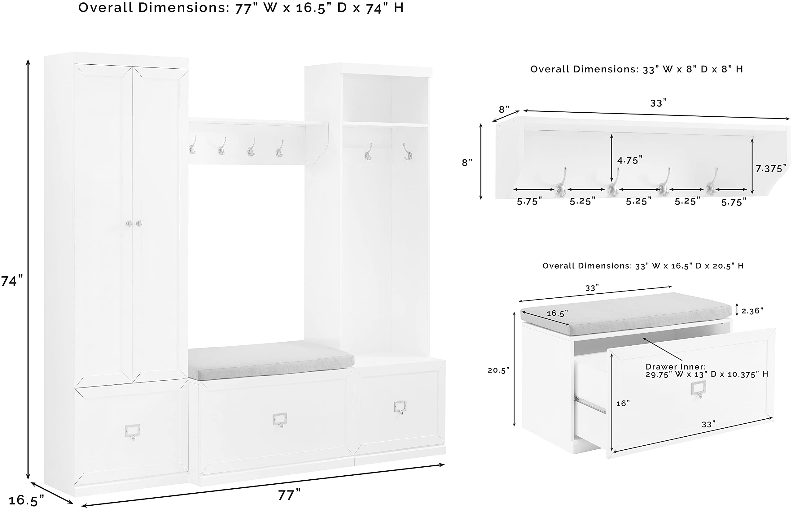 Crosley Furniture Harper 4-Piece Hall Tree, Storage Cabinet, Shoe Rack Bench, And Wall Shelf Set With Hooks, White