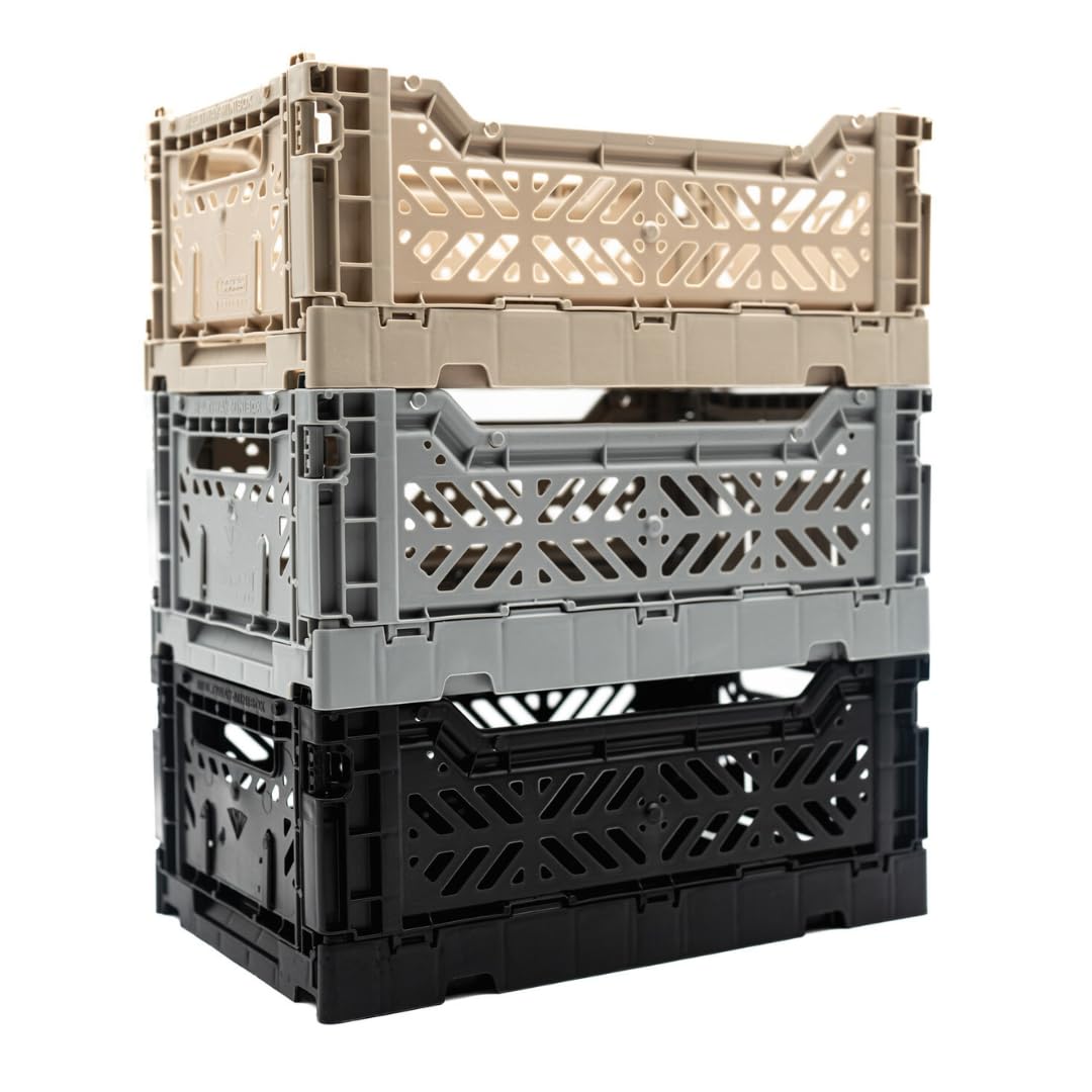 Collapsible Storage Box, Foldable Crate Organizer Bin With Handle, Stackable Crates For Home Organization (Black-Sand-Gray, 4L -