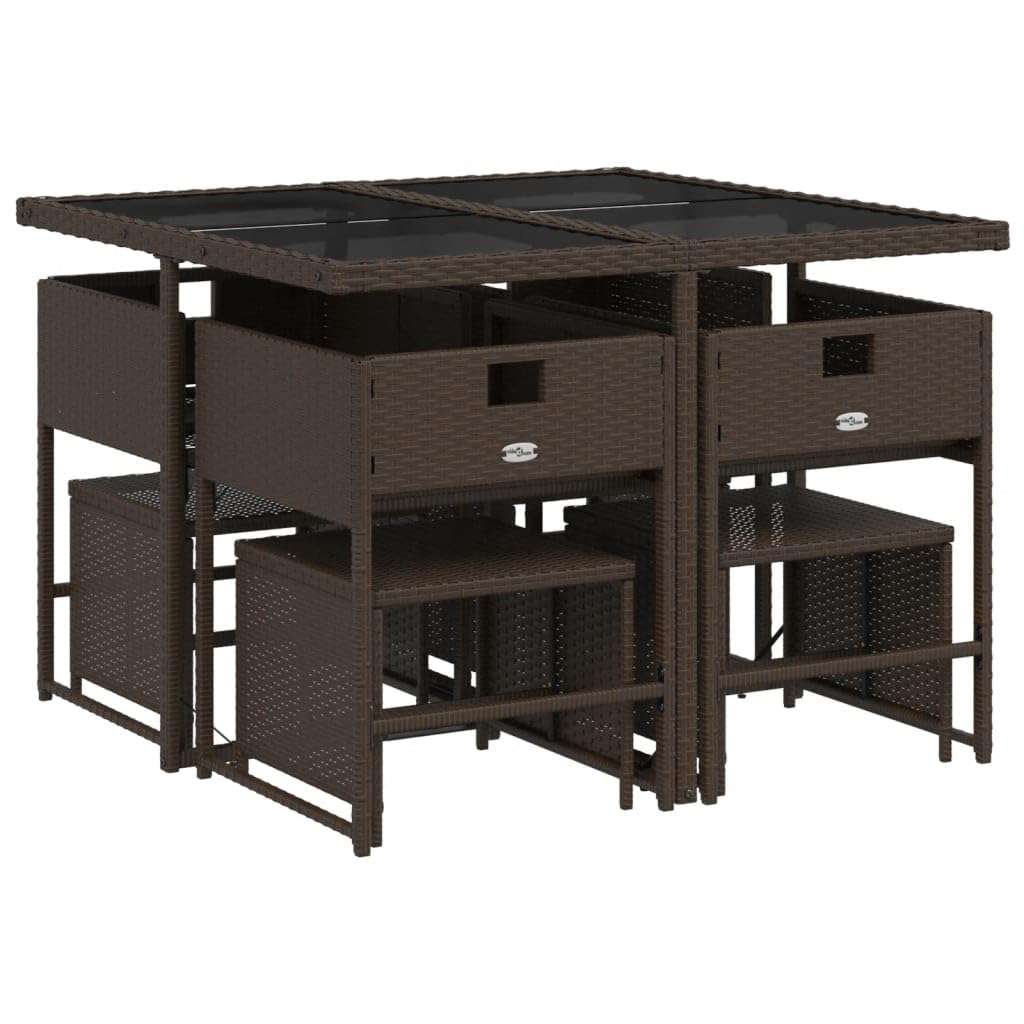 vidaXL 9-Piece Patio Dining Set with Cushions - Compact Storage, Comfortable PE Rattan Seats w/Removable Covers, Tempered Glass Tabletop for Garden, Patio, Backyard – Brown