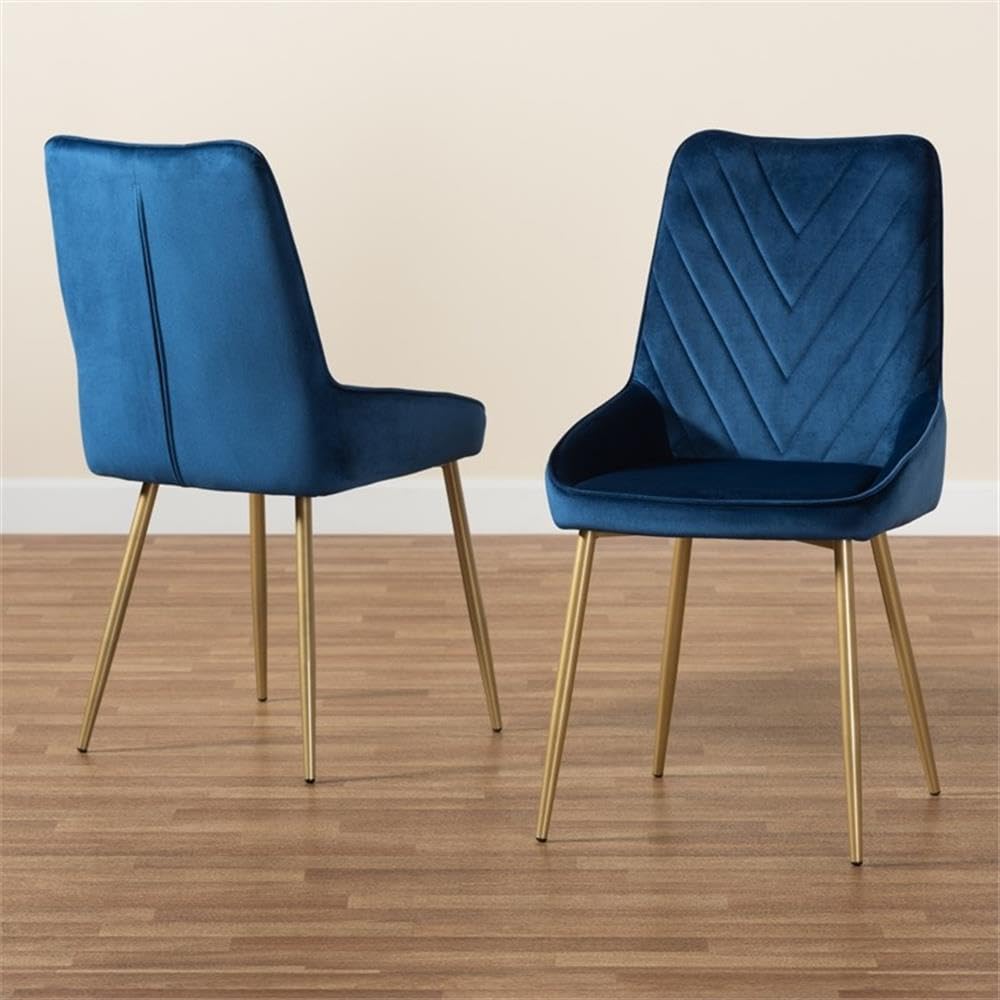 Baxton Studio Priscilla Contemporary Glam and Luxe Navy Blue Velvet Fabric Upholstered and Gold Finished Metal 2-Piece Dining Chair Set