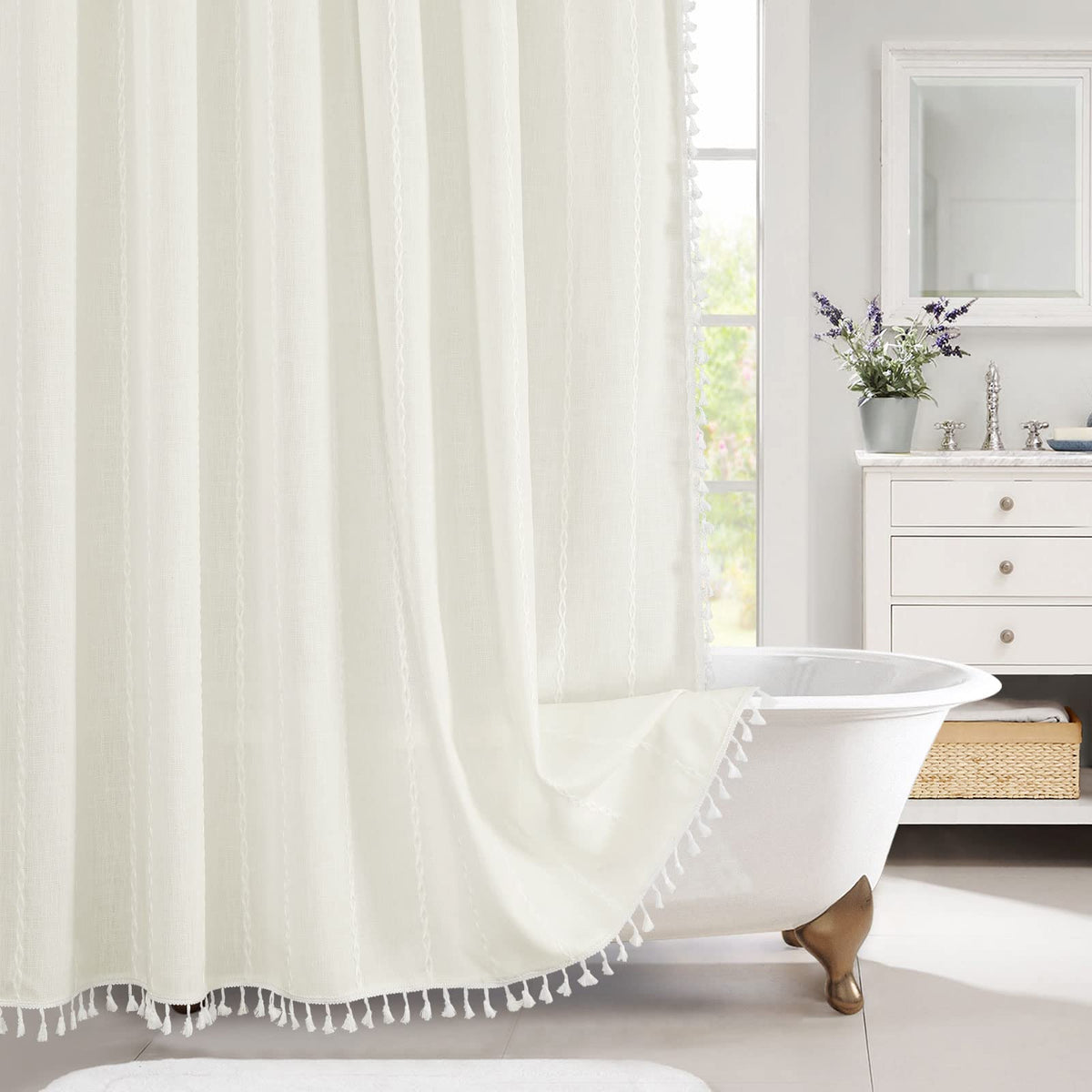 Mitovilla Ivory Boho Shower Curtain 72 X 78, Farmhouse 78 Inch Long Cotton Linen Tassel Thick Fabric Shower Curtains For Chic Co