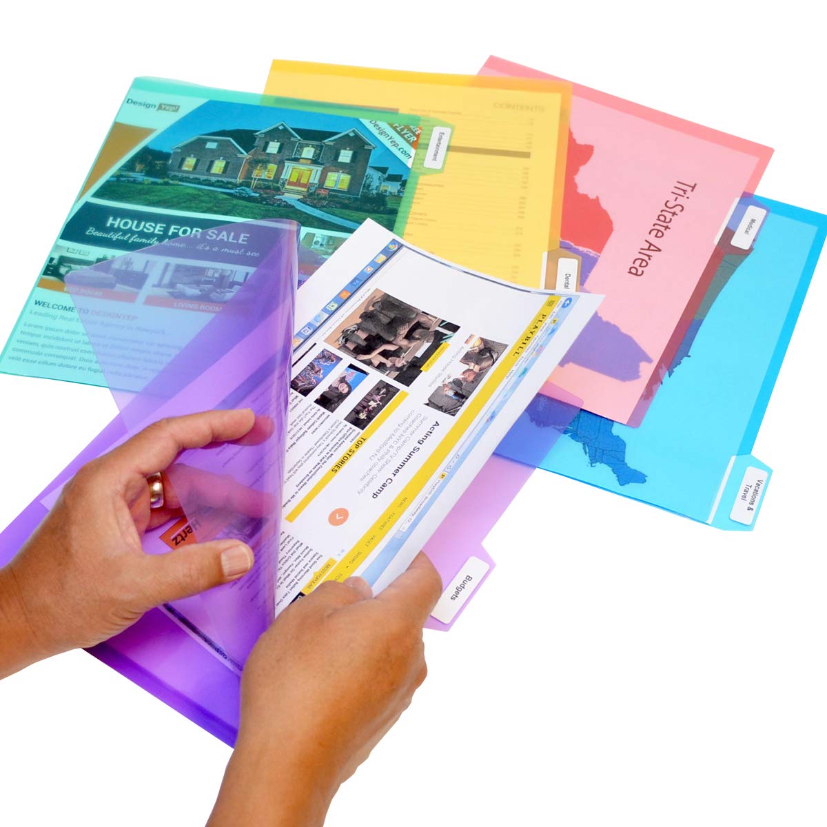 Ultimate Office Pocketfile Clear Poly Document Folder Project Pockets, 5Th-Cut, Letter Size, In 5 Assorted Colors, Set Of 100