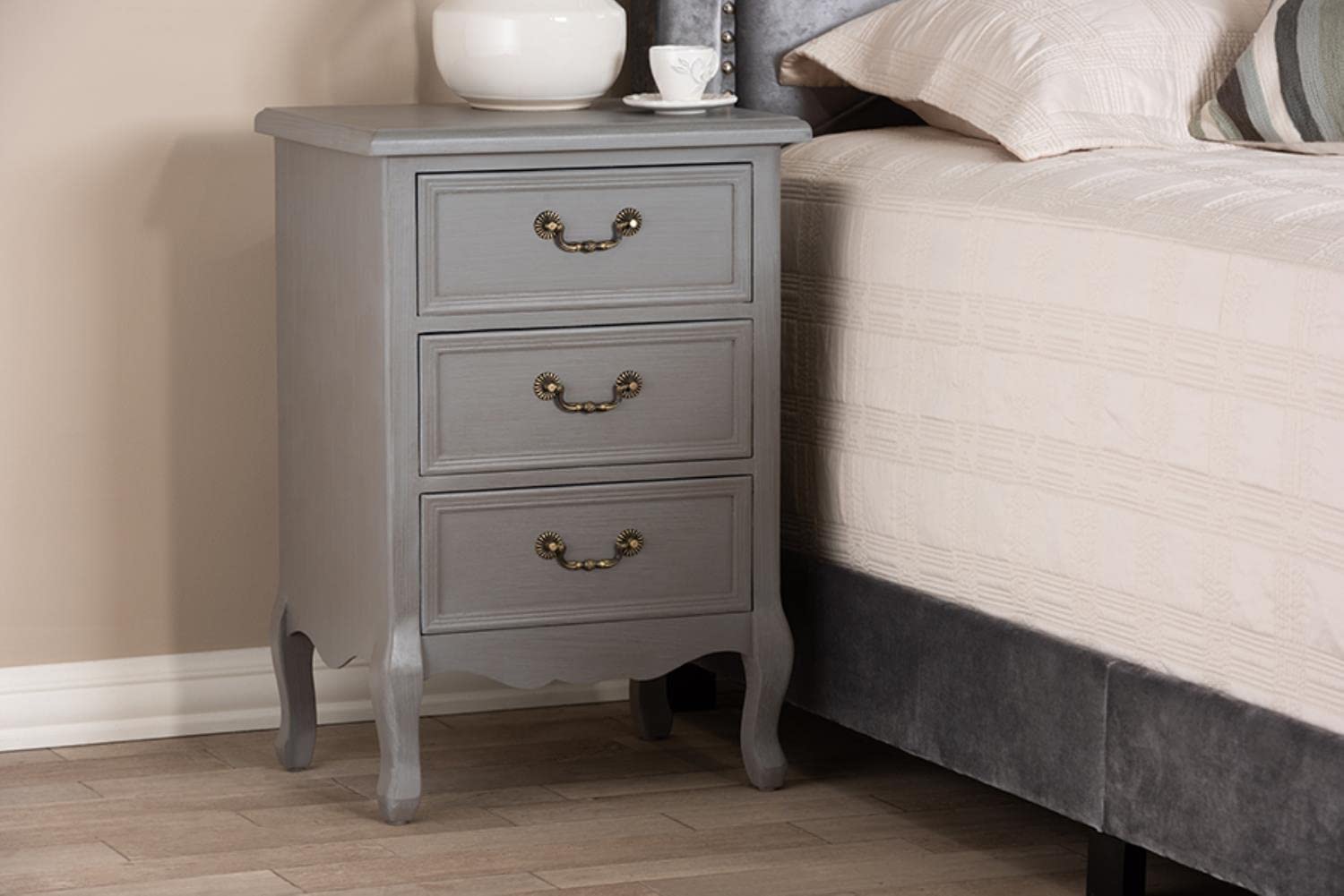 Baxton Studio Capucine Antique French Country Cottage Gray Finished Wood 3-Drawer Nightstand