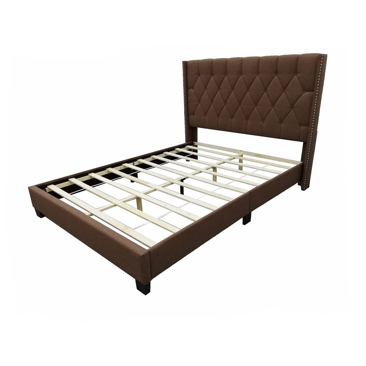 Better Home Products Amelia Fabric Bed Frame with Headboard/Fabric Upholstered Platform Bed Frame/Wood Slat Support/No Box Spring Needed (Queen, Brown)