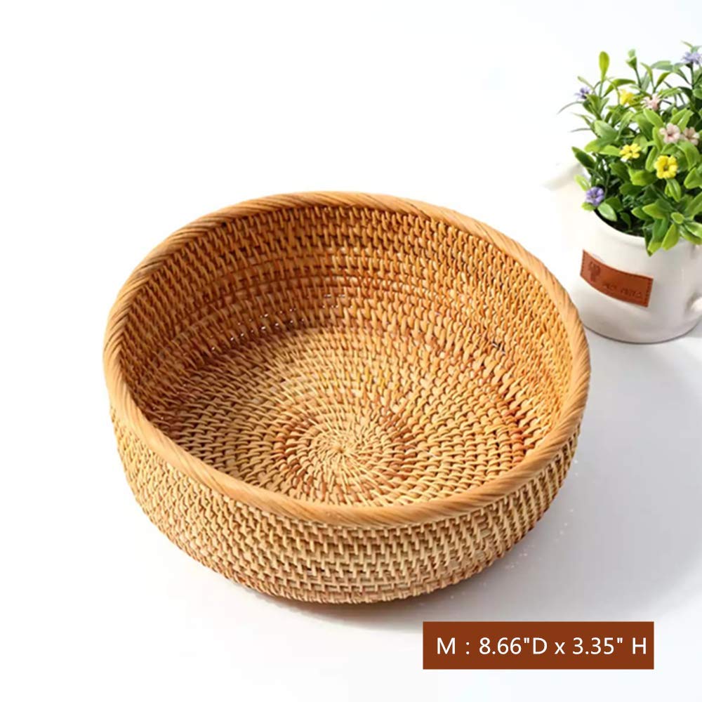 Amololo Hadewoven Round Rattan Fruit Basket Wicker Food Tray Weaving Storage Holder Dinning Room Bowl, 9 Inch Woven Bread Basket