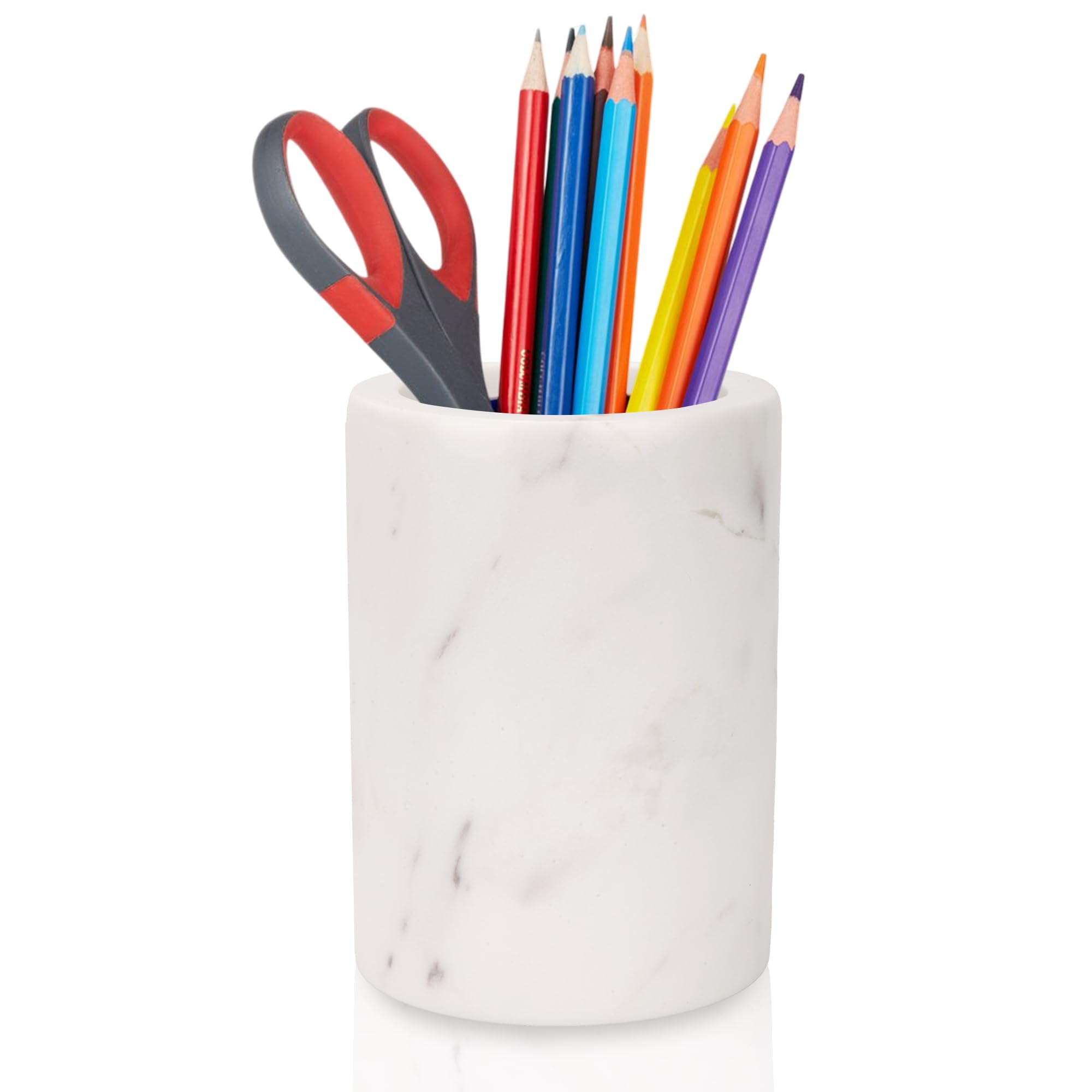 Worhe Natural Marble Pencil Pen Holder, Handcrafted Volakas White Marble Sturdy Desk Organizer For Office Supplies Storage Deskt