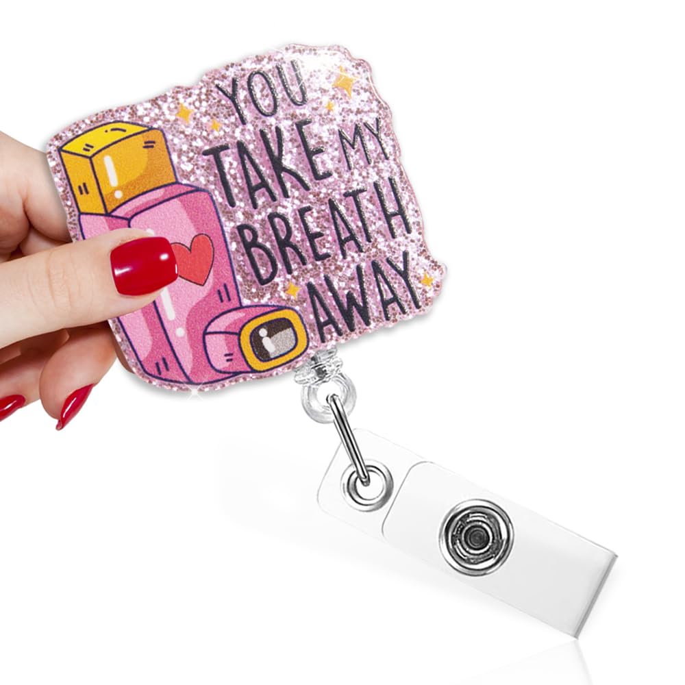 Touner You Take My Breath Away Funny Asthma Inhaler Badge Reel With Green Glitter, Retractable Id Clip Holder For Lung Respirato
