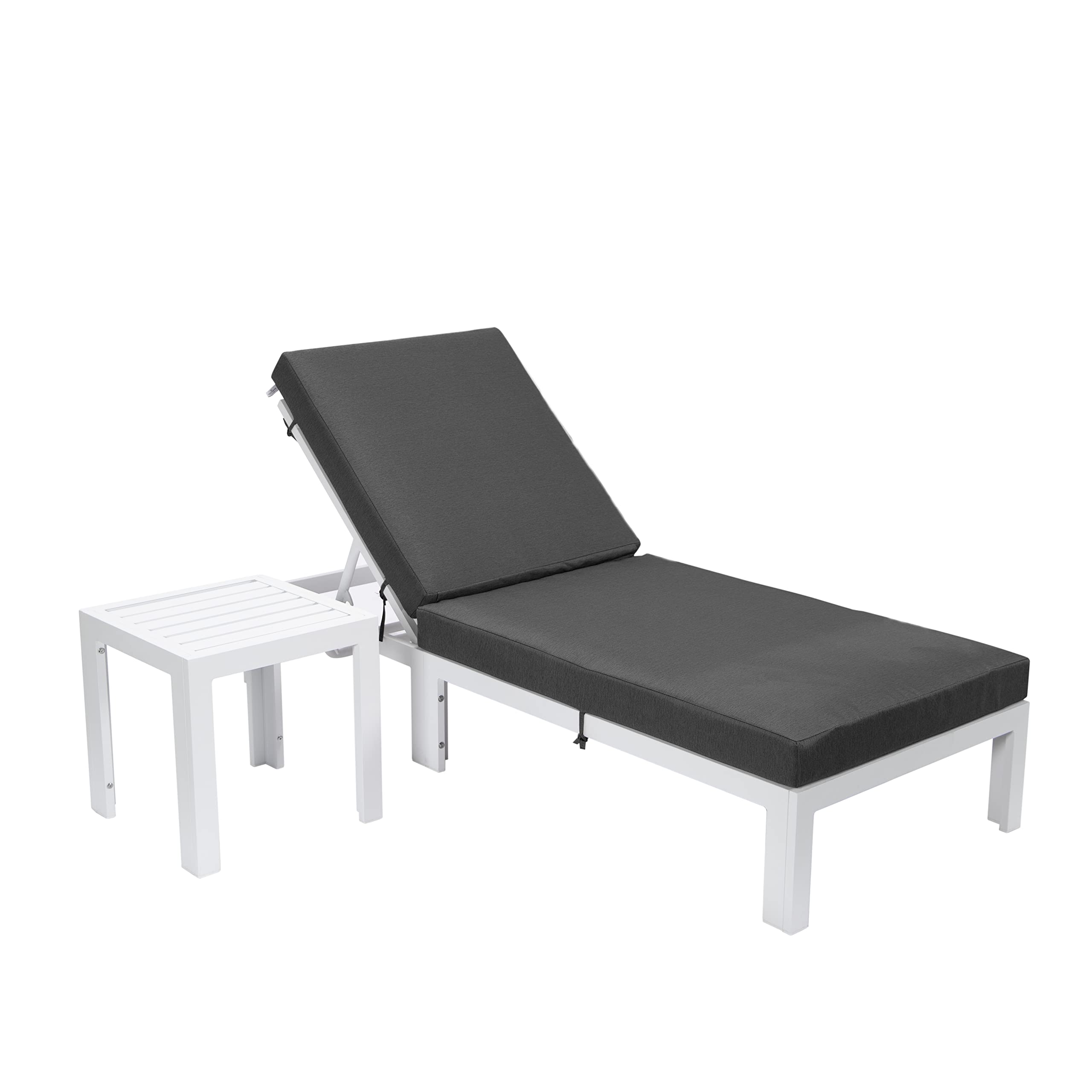 LeisureMod Chelsea Modern White Aluminum Chaise Lounge Outdoor Patio Chair with Side Table & Cushions (Beige)