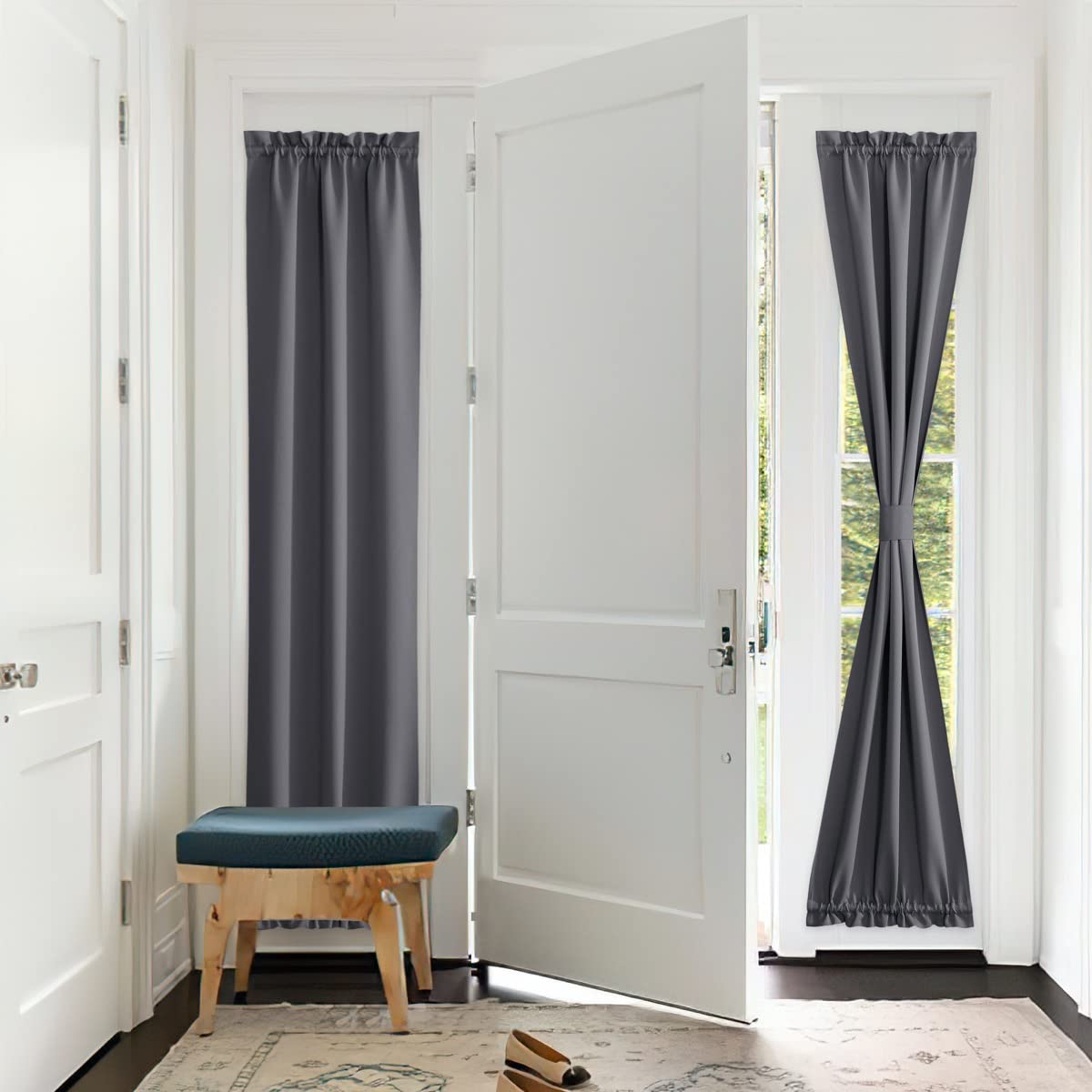 PONY DANCE Grey French Door Curtain Panel - Blackout Privacy Cover for Window/Living Room/Doorways, Thermal Insulated Sidelight 