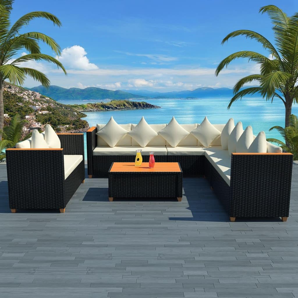 vidaXL Patio Furniture Set 6 Piece, Patio Conversation Set with Cushions, Outdoor Sectional Sofa with Coffee Table for Garden, Poly Rattan Black