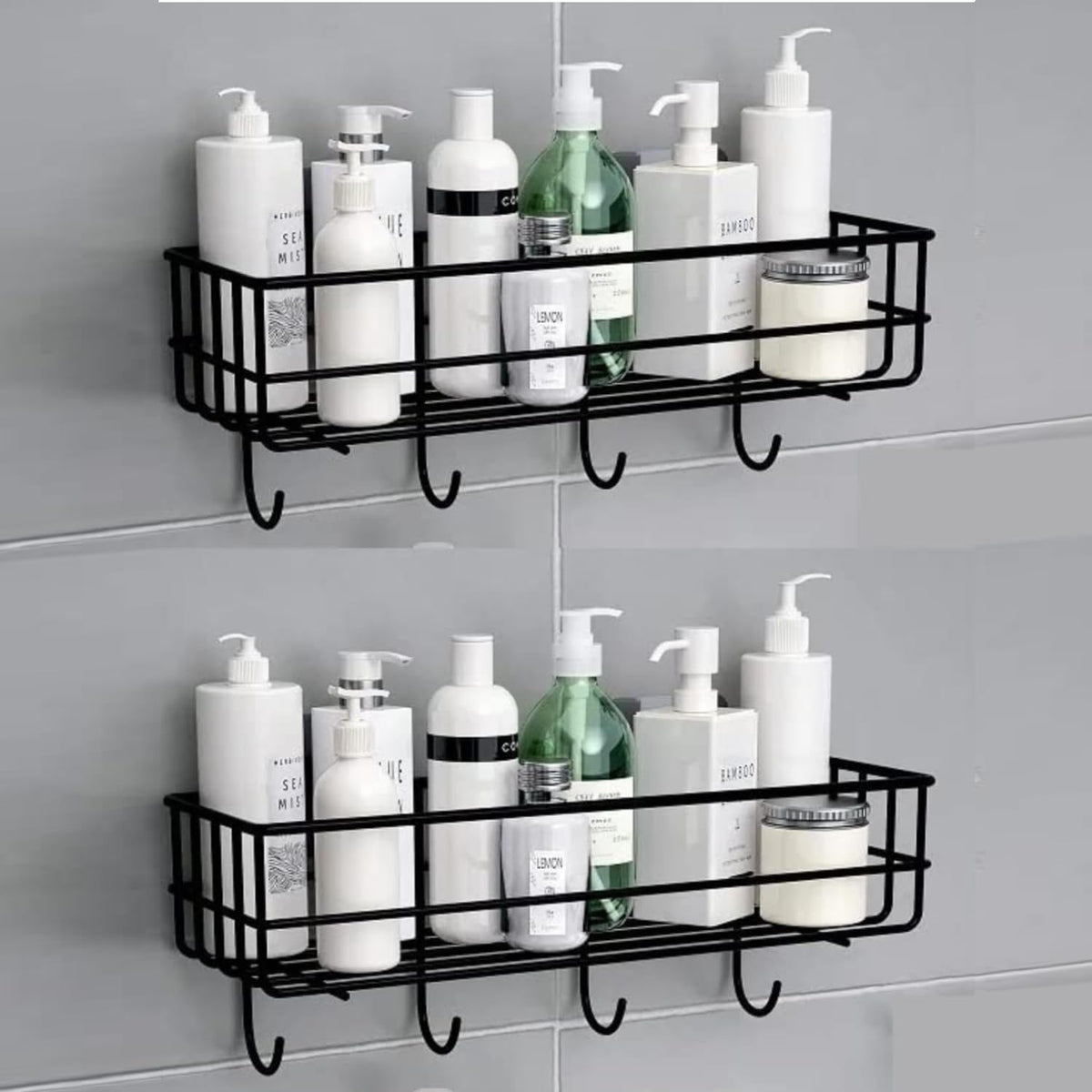 Gkart Wall Mounted Storage Shelf, Black, MS Powder Coated Iron, SelfAdhesive, Office, Kitchen, 4 Hooks, Modern, Pack of 2