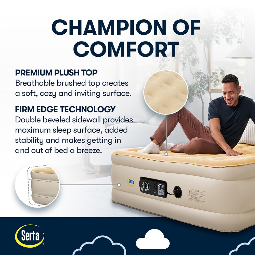 Serta Queen Raised Air Mattress 18" Tan Never Flat Pump Waterproof