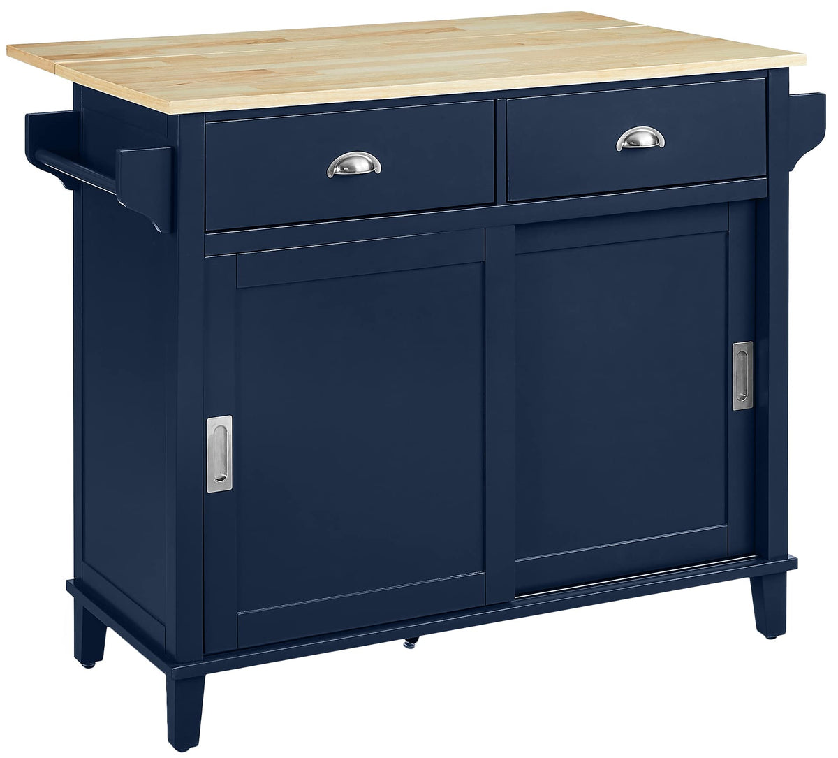 Crosley Furniture Cora Drop Leaf Kitchen Island Microwave Stand, Coffee Bar With Storage Drawers And Shelves, Navy