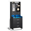 ADORNEVE Tall Night Stand with Charging Station and LED Lights,49.2 Nightstand with Bookshelf, Black Bedside Table with Drawers,