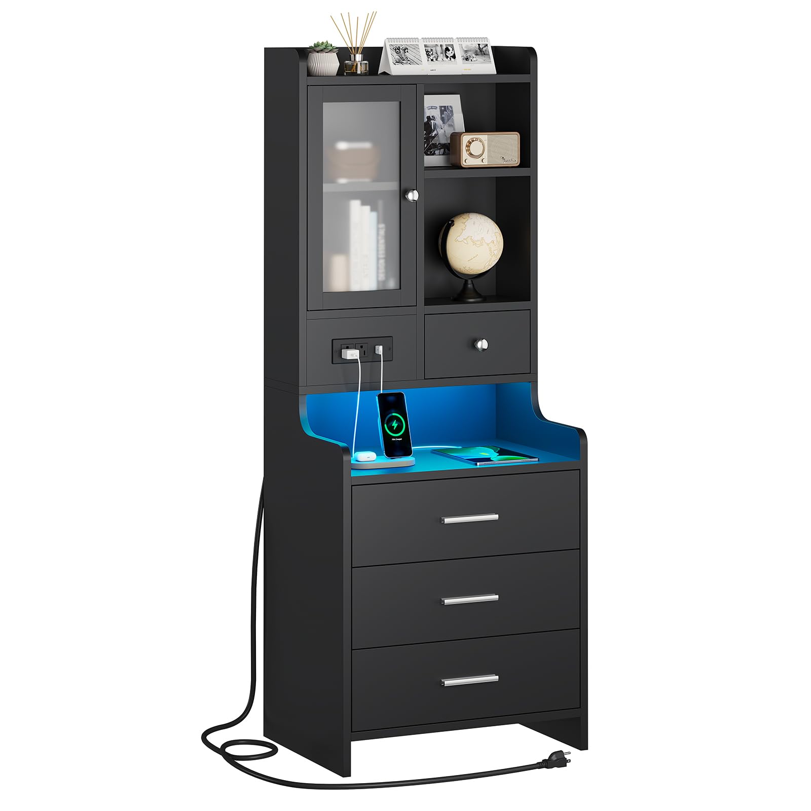 ADORNEVE Tall Night Stand with Charging Station and LED Lights,49.2 Nightstand with Bookshelf, Black Bedside Table with Drawers,