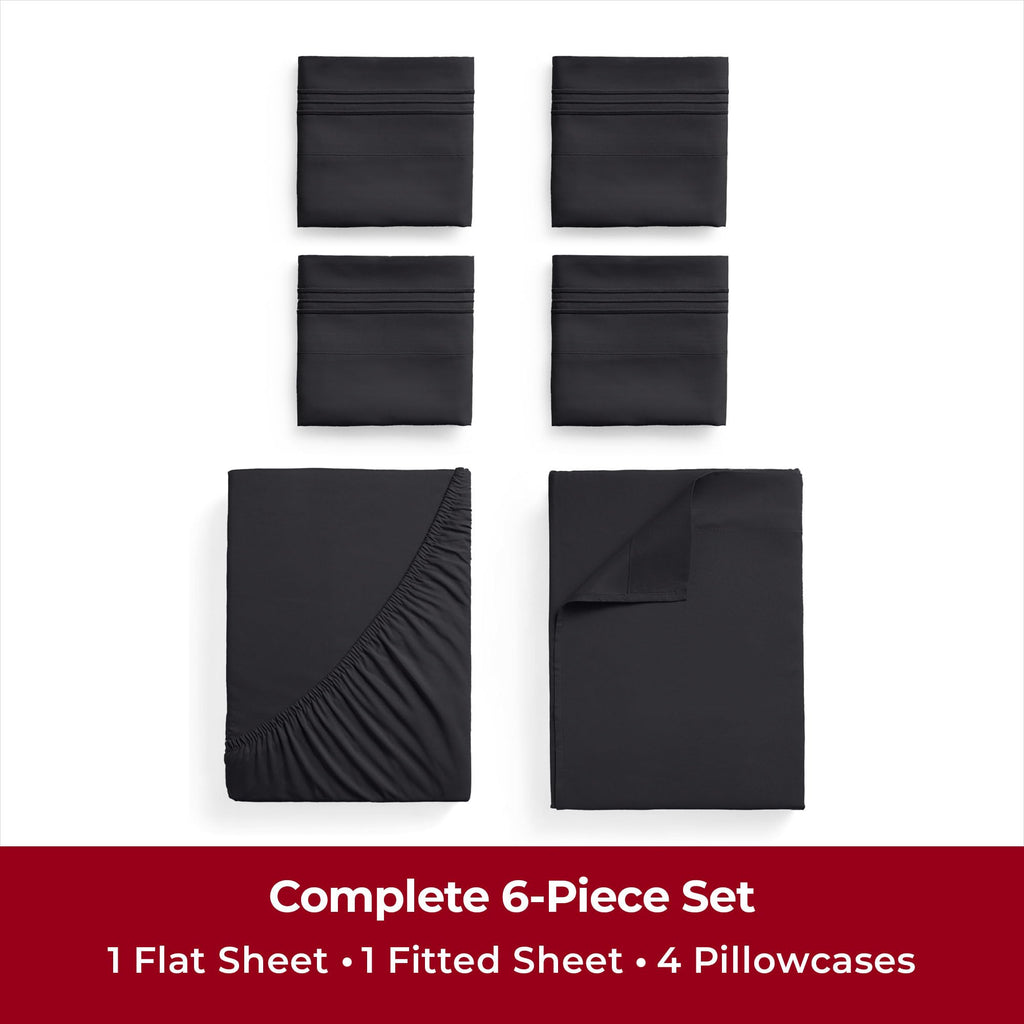 Mellanni California King Sheet Set - 6-Piece Iconic Collection Bedding, (Including 4 Pillowcases), 16-Inch Deep Pocket, Easy Care, Extra Soft, Cooling Sheets, Brushed Microfiber - Black