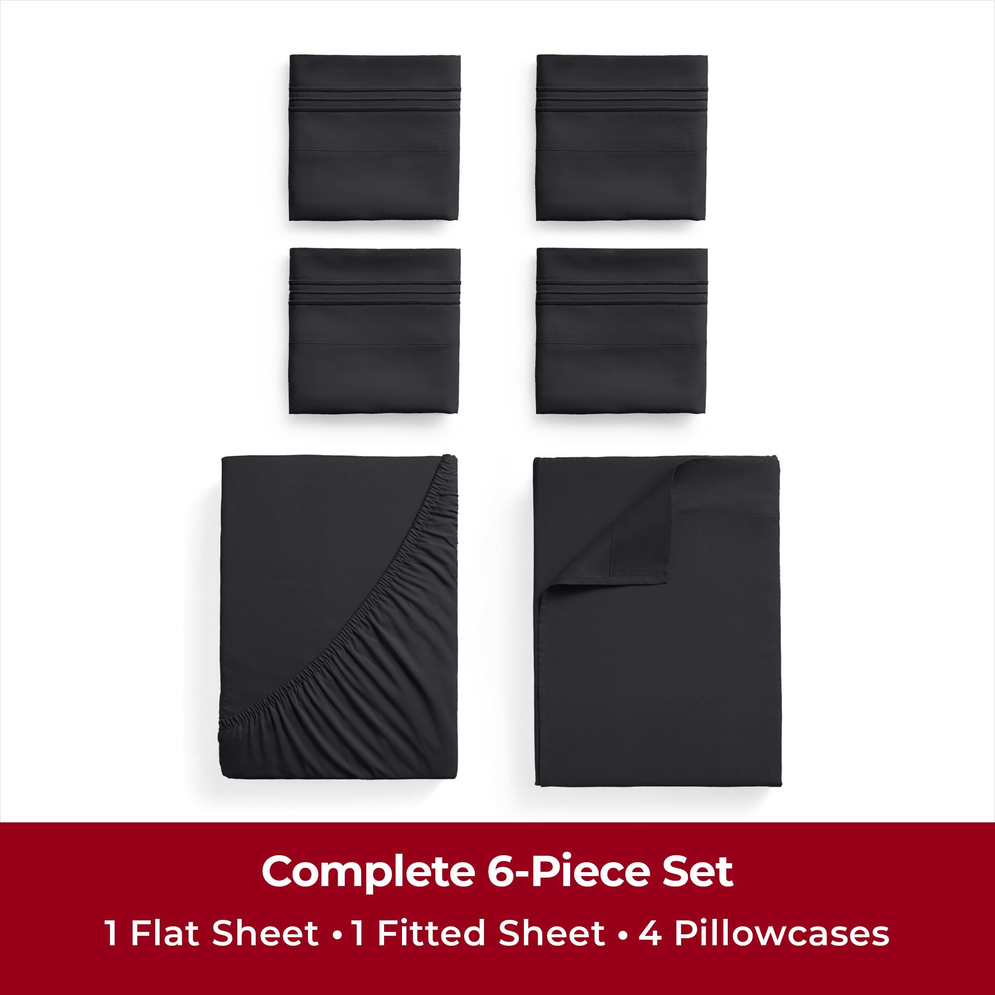 Mellanni California King Sheet Set - 6-Piece Iconic Collection Bedding, (Including 4 Pillowcases), 16-Inch Deep Pocket, Easy Care, Extra Soft, Cooling Sheets, Brushed Microfiber - Black