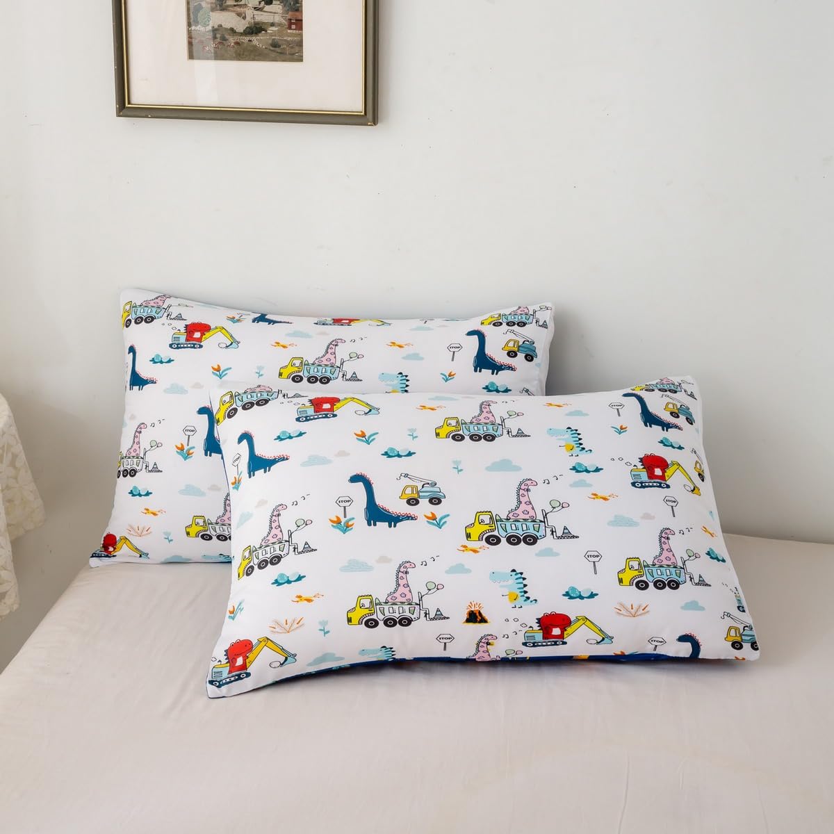 Cartoon Dino Excavator Comforter Set Toddler Size, Cartoon Car Dinosaur Construction Comforter Set Kids Toddler Construction Veh