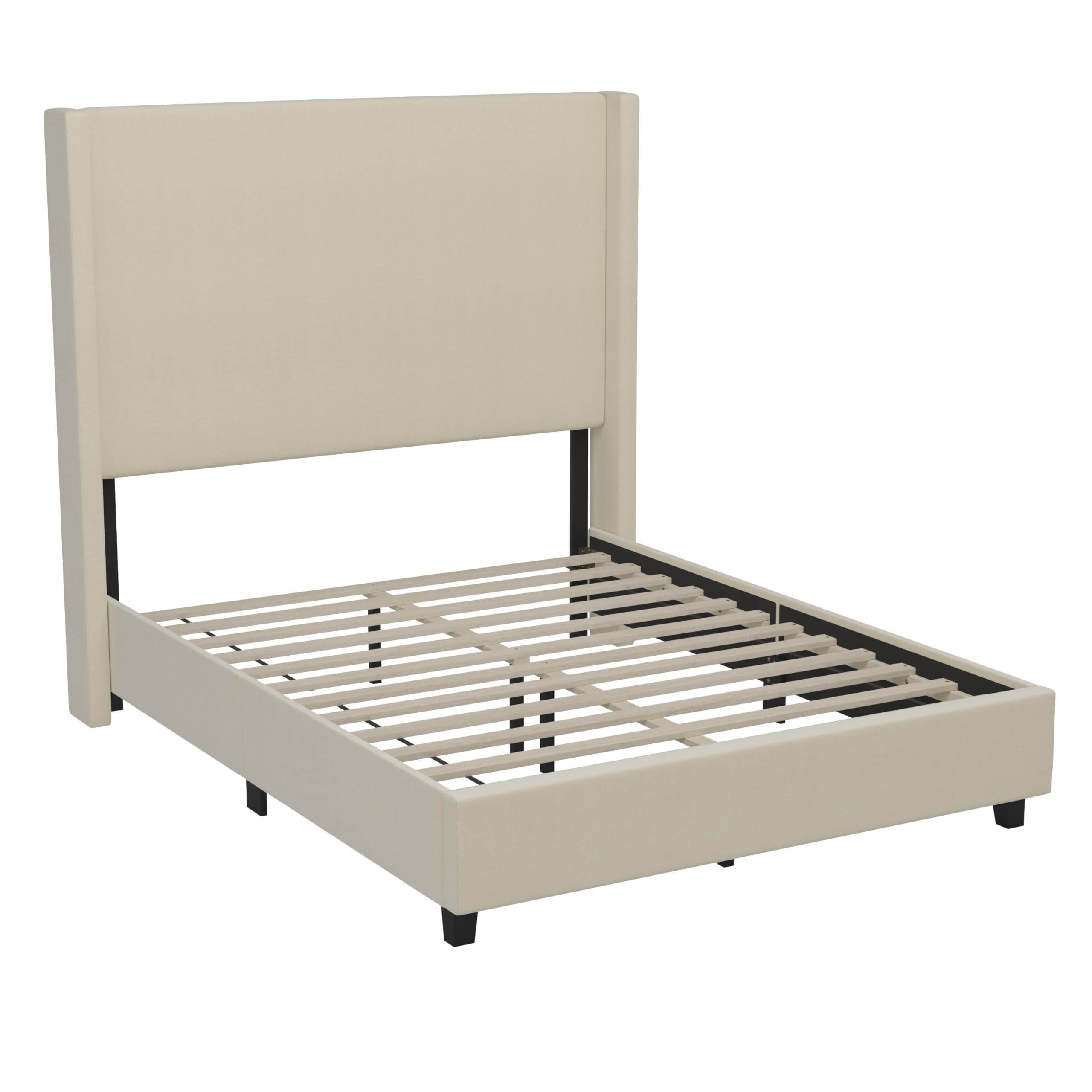 Flash Furniture Quinn Upholstered Platform Bed - Beige Channel Stitched Wingback Headboard - Full - Mattress Foundation with Slatted Supports - No Box Spring Needed