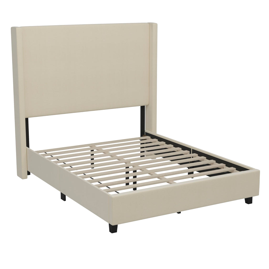 Flash Furniture Quinn Upholstered Platform Bed - Beige Channel Stitched Wingback Headboard - Full - Mattress Foundation with Slatted Supports - No Box Spring Needed
