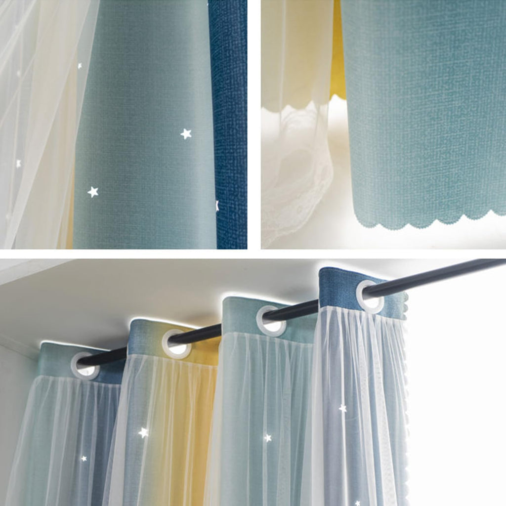 Yancorp Curtains For Girls Bedroom Kids Curtain Hollow-Out Star Window Nursery Curtain 84 Inches Length Room Darkening Grommet 2 Layers (Blue Beige, W34 X L84)