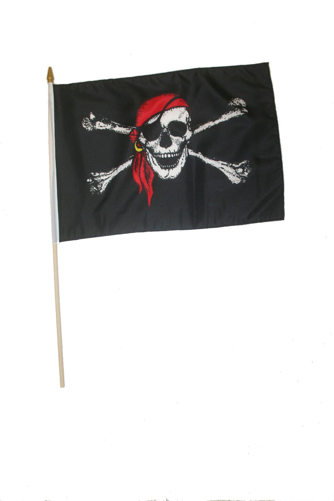 Pirate Skull & Cross Bones With Red Bandana 12' X 18' Inch Stick Flag Banner On 2 Foot Wooden Pole .. New
