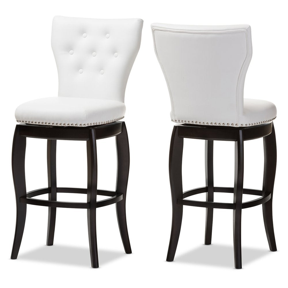 Baxton Studio Leonice Faux Leather Upholstered Button-Tufted Swivel Barstool, 29&quot;, White