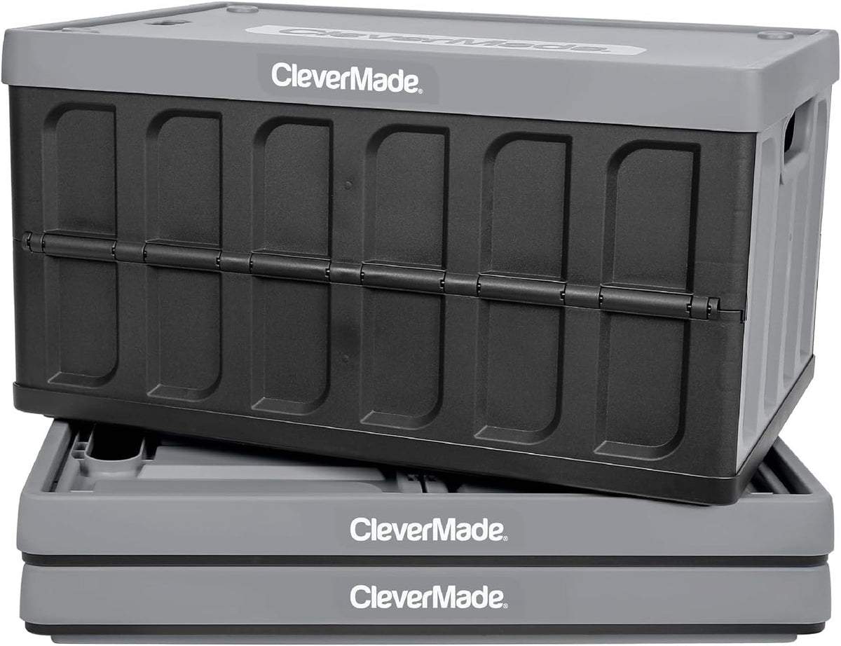 CleverMade Collapsible Storage Bin (With Lid), Stone, 3PK - 62L (16 Gal) Folding Plastic Stackable Utility Crates, Holds 100lbs 
