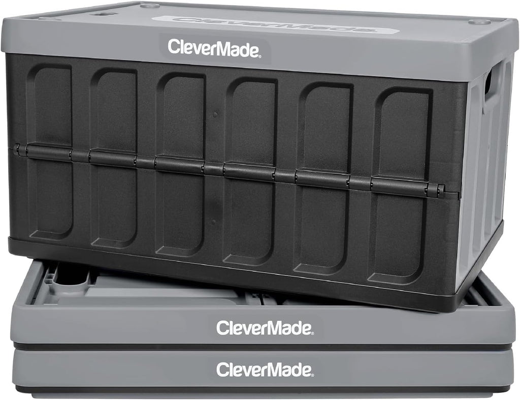 CleverMade Collapsible Storage Bin (With Lid), Stone, 3PK - 46L (12 Gal) Folding Plastic Stackable Utility Crates, Holds 75lbs P